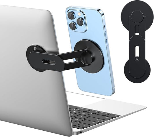 Magnetic Phone Holder for Laptop for MagSafe for iPhone 16/15/14/13/12 & All Phones, 180°Adjustable Phone Side Mount for Computer Monitor for Tesla, Desktop Cell Phone Bracket (Black)