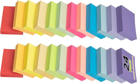 24 Pack Sticky Notes Small,2 x 1.5In Super Sticking Power Memo Pads,12 Assorted Colors Self-Stick Pads,100 Sheets/Pad Strong Adhesive Notes for Home,School,Office,Use on Walls,Doors,Windows