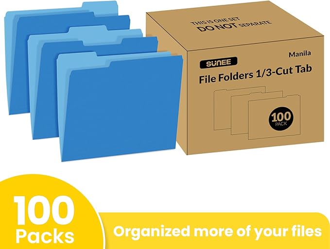 SUNEE File Folders Letter Size Blue, 100 Pack Manilla Folders 8.5 x 11 1/3-Cut Tabs, Colored File Folders Office Home School for Documents Files Paper