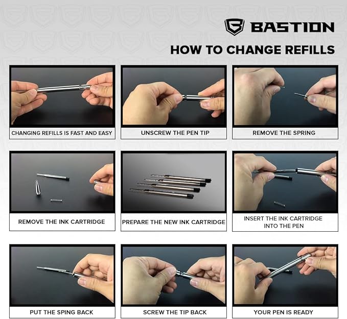 BASTION® Premium Pen Refill, Deeply Pigmented Ink for All Bastion Bolt Action Luxury Pens, Standard Ink Refill with 0.55mm Fine Tip - Black Gel, 2 PCs