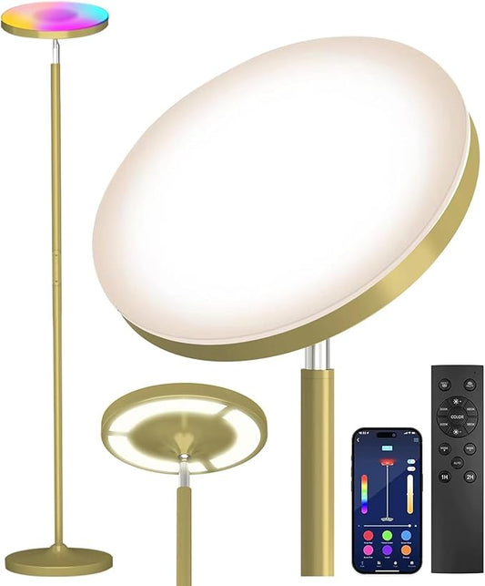 Keepsmile Gold Double Side Lighting LED Floor Lamp with Remote Smart App 36W 2600LM Bright Tall Standing RGB Floor Lamp Angle Multicolor Dimmable Modern Floor Lamps for Living Room Bedroom