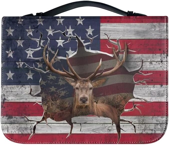 Lotusorchid Reindeer Bible Cover Case, Zippered Bible Carrying Case for Women Girls, Portable American Flag Bible Tote Bag Sturdy Bible Book Cover for Bible Study, Christian Bible Accessories,L