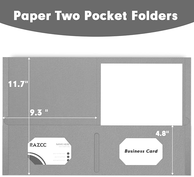 Two Pocket Folders, RAZCC 50 Pack 2 Pocket Folders Fit Letter Size Paper, Paper Folders with Pockets for School Office Business Home, Grey