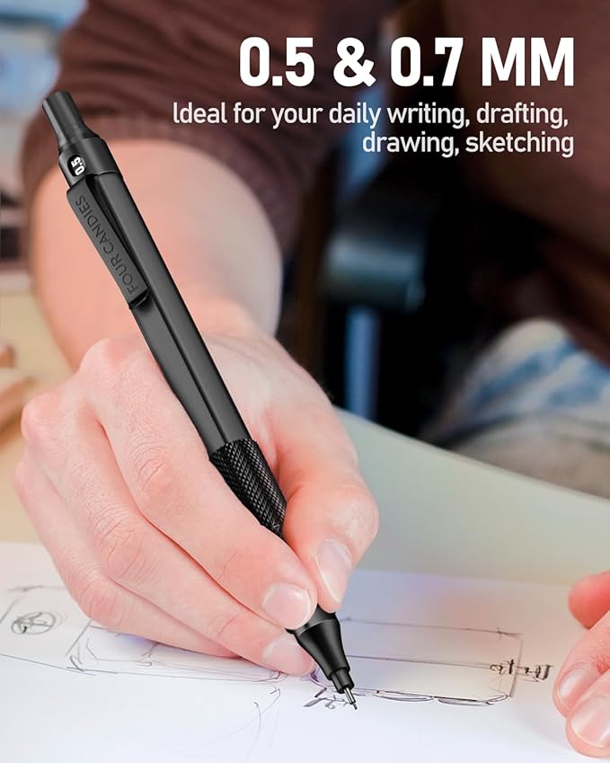 Four Candies 2PCS Metal Mechanical Pencils Set with Case, 0.5mm & 0.7 mm Artist Pencil with 6 Tubes (360PCS) HB Lead Refills, 3 Erasers,9 Eraser Refills For Writing Drafting, Drawing, Black