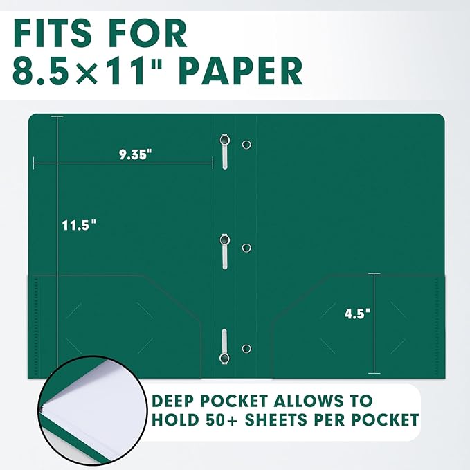 Plastic 2 Pocket Folders with Prongs, 30 Pack, Heavyweight, Letter Size Poly Folders with 3 Metal Prongs Fastener Clips (Green)