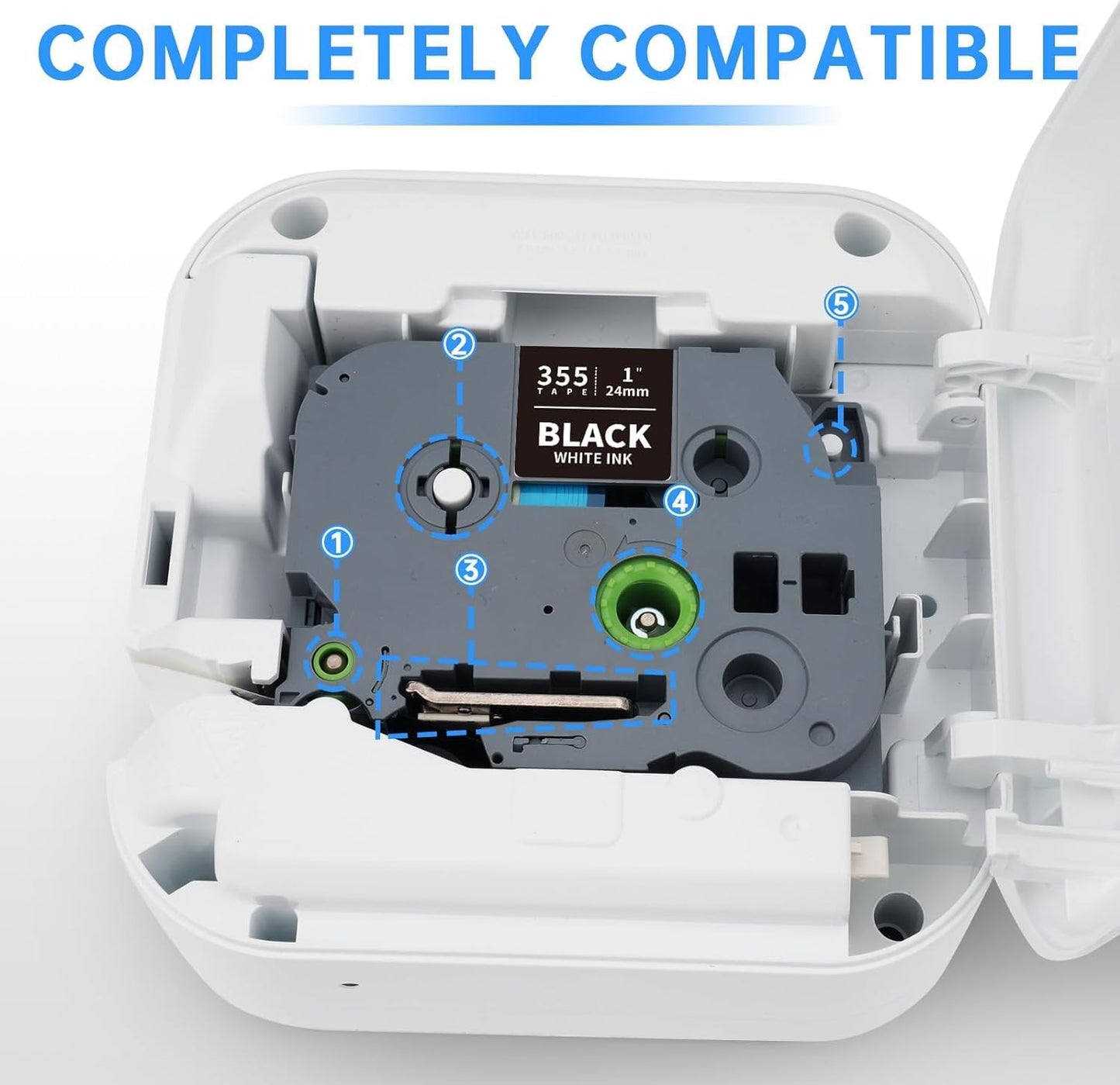 Unismar TZe-355 Compatible for Brother Ptouch 24mm 0.94 Laminated White on Black Label Tape TZ355 TZ Tape Work for PTD600 PT-P700 PT-2430PC PT-D600VP PT-D800W PT-P900W Label Maker, 1'' x 26.2', 4-Pack