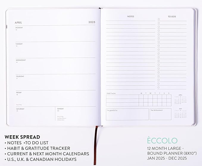 Eccolo 2025 Large Agenda Planner, 12 Month, Yearly, Monthly & Weekly Pages, Habit & Gratitude Tracker (Flexi-Cover - 8 x 10")