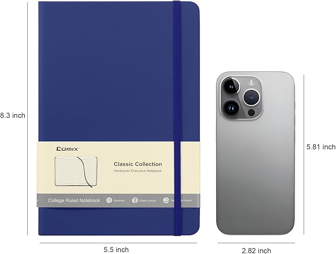 Comix 6 Pack Lined Journal Notebooks for Work, 240 Pages, 5.5"x8.3", Navy Blue, Hardcover, A5 Medium College Ruled, Journaling Notebooks for Notes-Taking, Fits for Office School Home