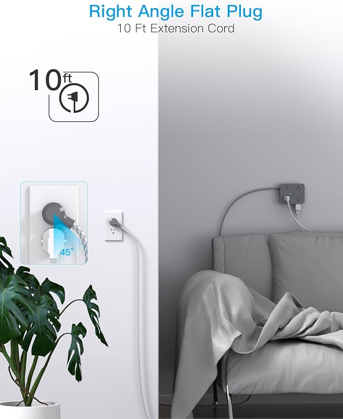 Surge Protector Power Strip 10 Ft Cord, Extension Cord with Multiple Oulets, 8 AC Outlets 4 USB (2 USB C) Ports, Flat Plug, Wall Mount Desk USB Charging Station for Home