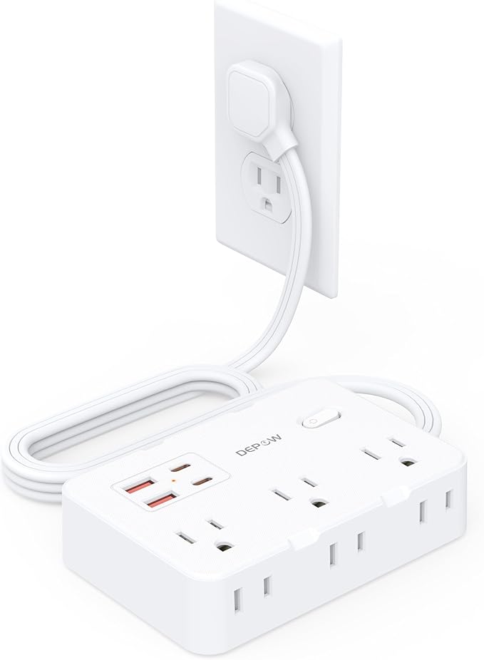 Surge Protector Power Strip with Flat Plug, 3 FT Extension Cord with 6 AC Outlets 4 USB Ports,1050J Surge Protection, Wall Mountable Charging Station for Office, Home, White