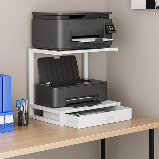 2-Tier Desktop Printer Stand with Fabric Drawer, Prtiner Table with Storage Shelf, Desk Organizer for Home Office,3D Printer,Fax Machine,Scanner, 17.3"x11.8" White