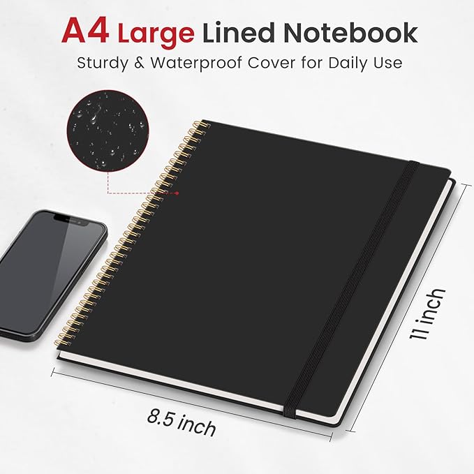 Taja Spiral Lined Notebook, 8.5"x11" Notebooks for Work, Large A4 Journal for Women & Men, College Ruled Journaling Notebook for Writing, Plastic Cover Spiral Journal, Black