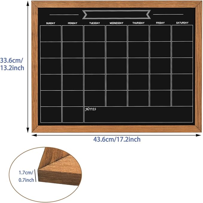 Calendar Chalkboard, 13" * 17", Magnetic Surface Rustic Brown Solid Pine Wood Frame Chalk Board for Planning/School Timetable/Memo, Hanging Board for Office, School and Home(YLHB-QZ-3343)