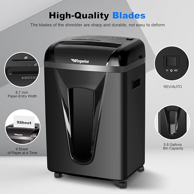 P-5 High-Security Micro-Cut Shredder (2x12mm, 58dB) – 9 Sheets, 2.4m/min, Shreds CDs/Credit Cards, 5.8Gal Bin for Home/Office