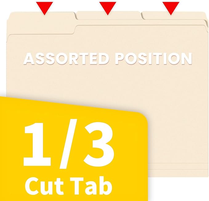 SUNEE Manilla Folders Letter Size (8.5 x 11 inches),100 Per Box, 1/3 Cut Tab for Easy Labeling and Organization, Durable Standard Paper for Home, Office, School Filing