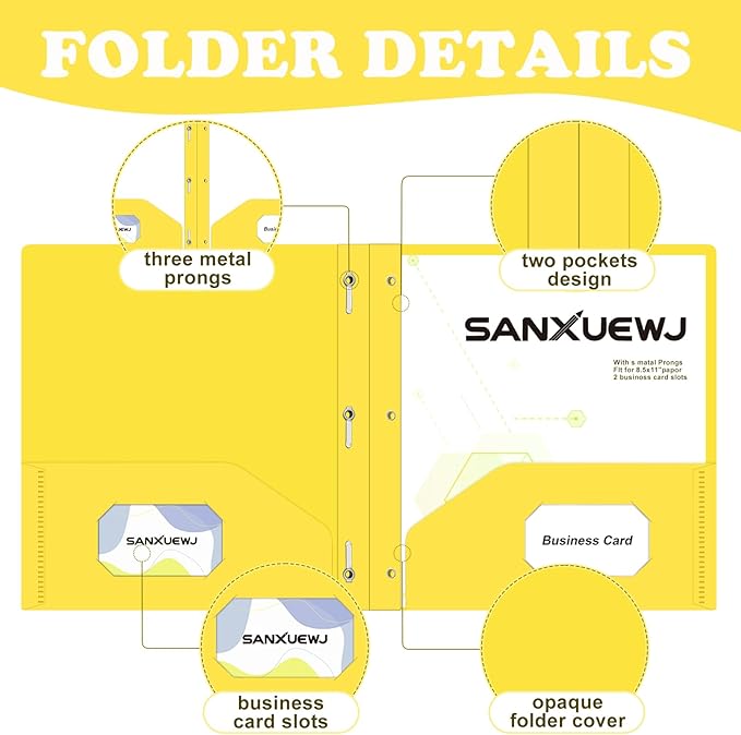 Folders with Pockets,SANXUEWJ 30 Pack Two Pocket Folders Business Card Holder Plastic Folders with Prongs for School Office Filing Cabinet Resume Portfolio (Yellow)