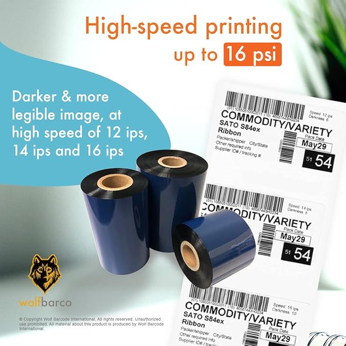 24 Rolls Wolfbarco 2.52" x 1476' (64mm x 450m) Black Premium Resin-Enhanced Wax Thermal Transfer Ribbon Compatible with Zebra,TEC, INTERMEC,Citizen,TSC,GODEX,ARGOX Printers