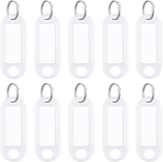Uniclife 10 Pieces Key Tags 2 Inch Soft Plastic Key Chain Tags with Blank Paper Labels Clear Windows Protective Films and Split Rings Flexible Item Identifiers, White