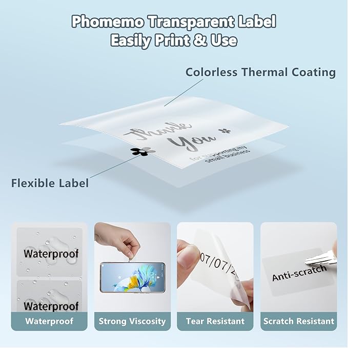 Transparent Thermal Label Paper, Round Multi-Purpose Label for Phomemo M110/M220/M120/M150/M250/M221 Label Printer, Self-Adhesive Thermal Printer Paper, 1.57"x1.18"(40x30mm) 180 Labels/Roll, Clear