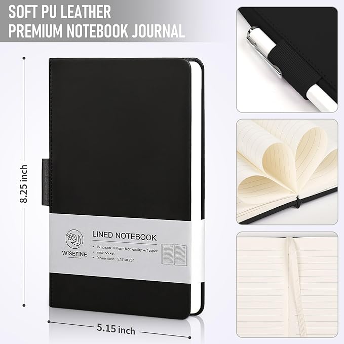 Hardcover Executive Notebooks, 160 Pages Line Ruled Classic Notebook Journal, Leather Notebooks with Pen for Bussiness College Writing Black