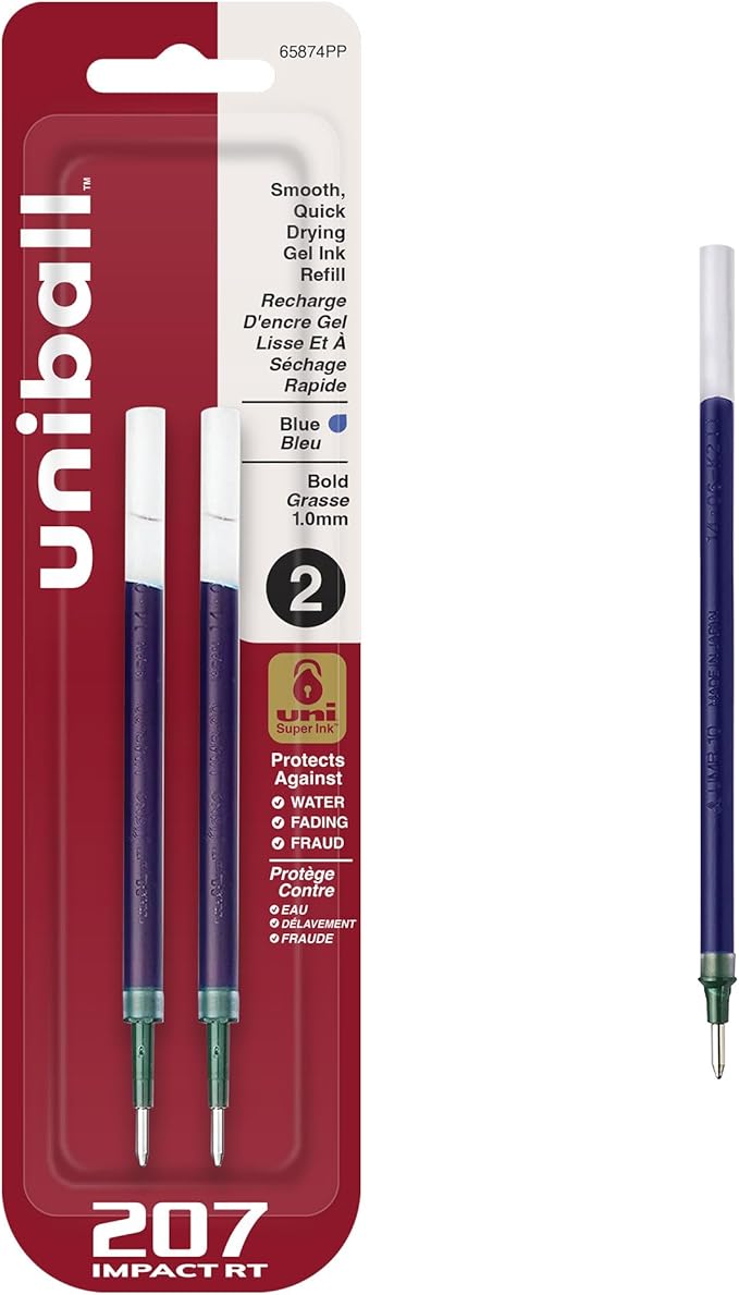 uniball Refill For Gel 207 Impact Rt Roller Ball Pens, Bold Conical Tip, Blue Ink, 2/pack