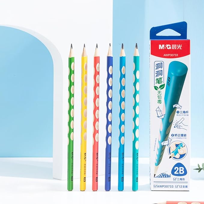 M&G 12 Pcs Triangular Hole Pencils for Kids with Grip Correction 2B Pencils, Pre-sharpened Colored Barrel Graphite Wood Pencils, Smooth Writing, Suitable for School, Office, Drawing, Sketching
