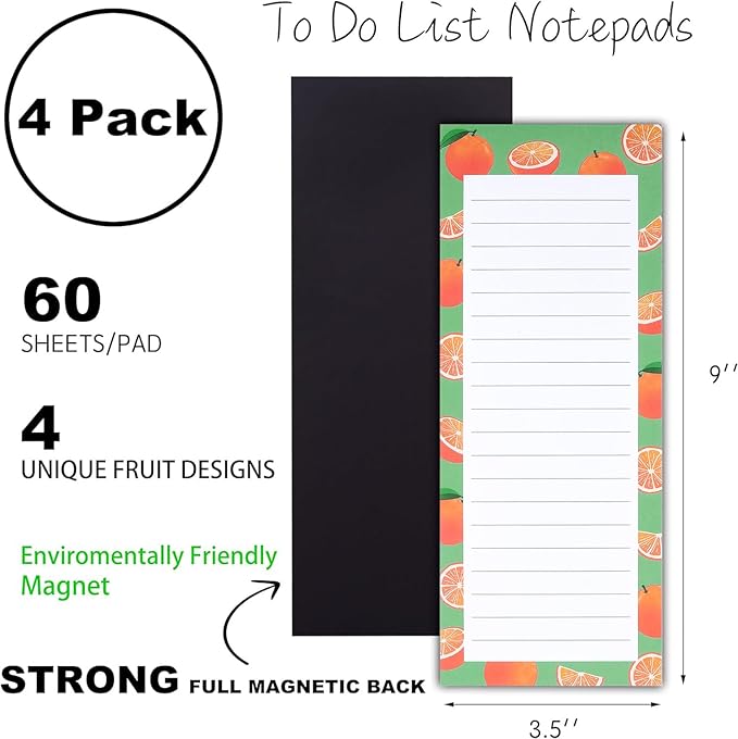 4 Large Magnetic Notepads – Shopping List, To-Do List, Reminders, Grocery List Pads -Strong Full Magnetic Back- Memo Pads with Realistic Fruit Designs | 60 Sheets per Pad 9 x 3.5 inch (4 Pack)