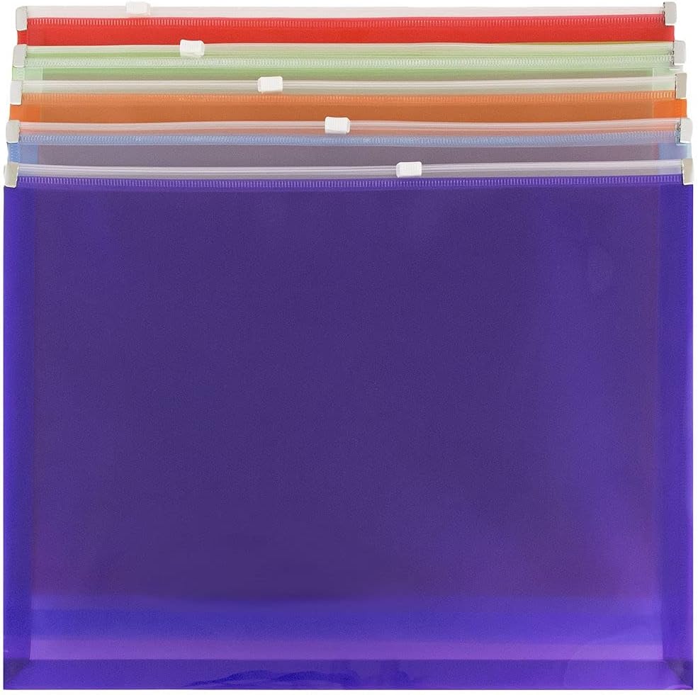 JAM PAPER Plastic Envelopes with Zip Closure - Letter Booklet - 9 3/4 x 13 - Assorted Colors - 6/Pack