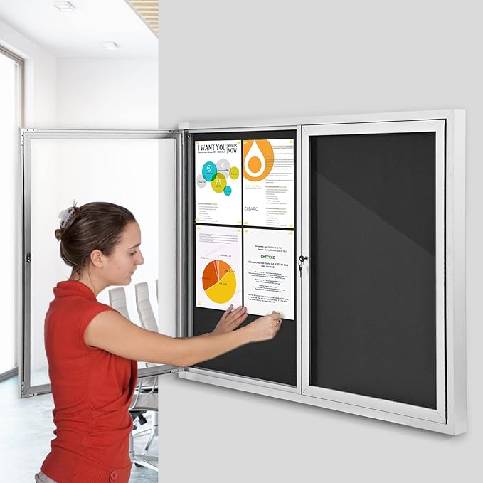 SWANCROWN Weather Resistant Enclosed Bulletin Board Felt Displays Boards Wall Mounted Notice Case with 2 Swing-Open Locking Doors, Black Felt, 48x34 inches