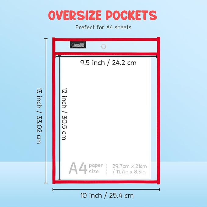 Gamenote Dry Erase Pockets 30 Pack with Rings, Oversized Reusable Plastic Sleeves Shop Ticket Holders Sheet Protectors Teacher Supplies for Classroom Organization (Colorful)