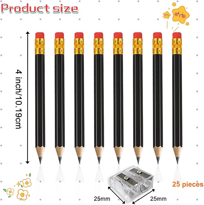 Adhere 25pcs Half Pencils Golf Pencils with Eraser Pre-sharpened Hexagon Woodcase Pencils Graphite 2B including a Sharpener for Golf Event Scoring,Classroom,Wedding,Pew, Pocket (Black)