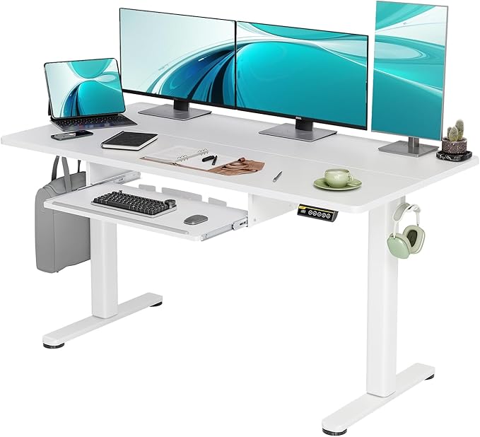 Standing Desk with Keyboard Tray, Electric Standing Desk Adjustable Height, 55x24 Inches Sit Stand up Desk with Splice Board, Raising Desk for Home Office, White