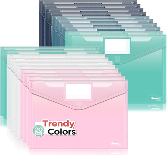 Sooez 20Pack Plastic Envelopes, Plastic File Folders, Clear Folders for Documents Trendy Colors, Super Heavyweight Document Holders, Storage Pouches, File Envelopes for School Office Supplies