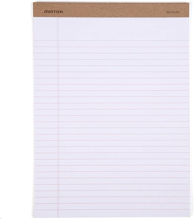 Mintra Office Recycled Writing Pads 6pk (White, Wide Ruled (8.5in x 11in)) - 50 Sheets per Notepad, Micro perforated, Legal Pad, Notebook Paper for School, College, Office, Business