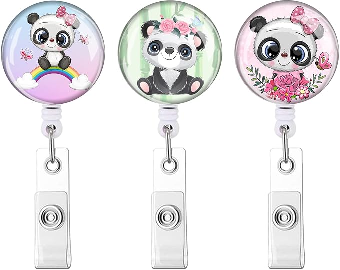 Retractable ID Badge Holder,Nurse Badge Reels with Clip,Name Card Holders for Office Worker Doctor Nurse （3 Pack Pretty Panda）