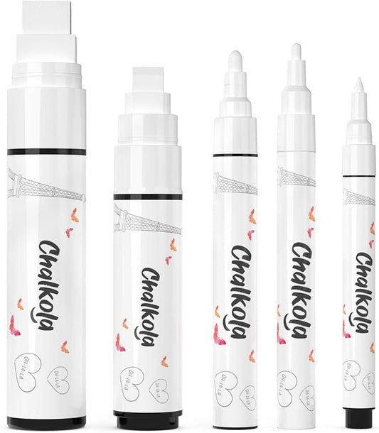 Chalkola 5 White Chalk Markers for Chalkboard Signs, Blackboard, Car Window, Bistro, Glass | 5 Variety Pack - Thin, Fine Tip, Bold & Jumbo Size Erasable Liquid Chalk Pens (1mm, 3mm, 6mm, 10mm, 15mm)