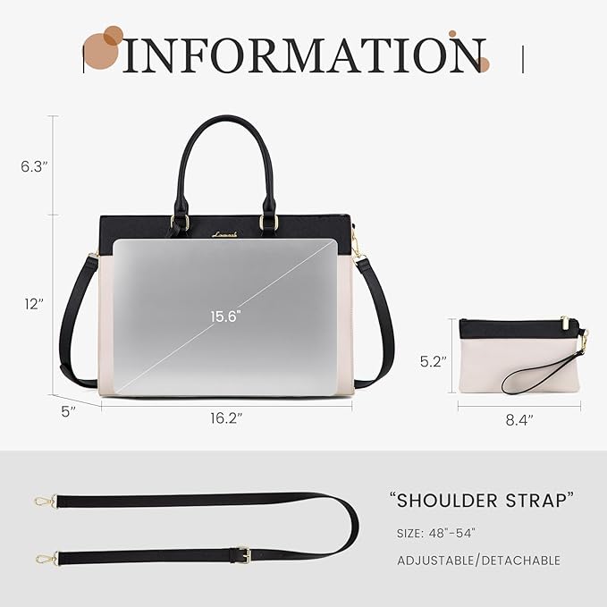 LOVEVOOK Laptop Bag for Women, 15.6 inch Laptop Tote Work Bag Purse, Large Waterproof Leather Computer Briefcase for Office, Beige-Black