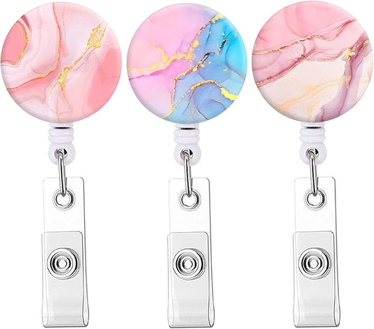 Retractable Badge Reel Clip, Badge Holder with Alligator Clip, Cute Badge Clip on ID Name Card Holders for Nurse Doctor and Office (3Pack Marble Purple & Pink)