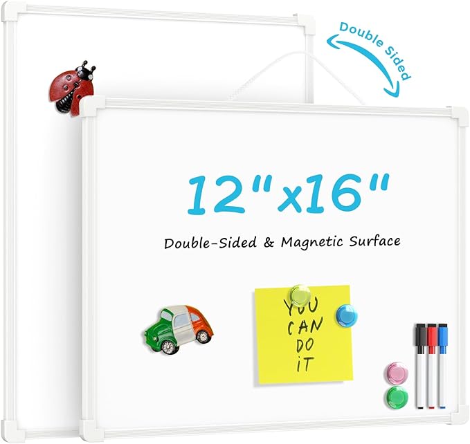 MaxGear Double-Sided Dry Erase Board for Wall, 16"x12" Hanging Whiteboard, Small Dry Erase White Board with 3 Markers&4 Magnets, Portable Whiteboard for Students - Planning, Drawing, Memo, to Do List