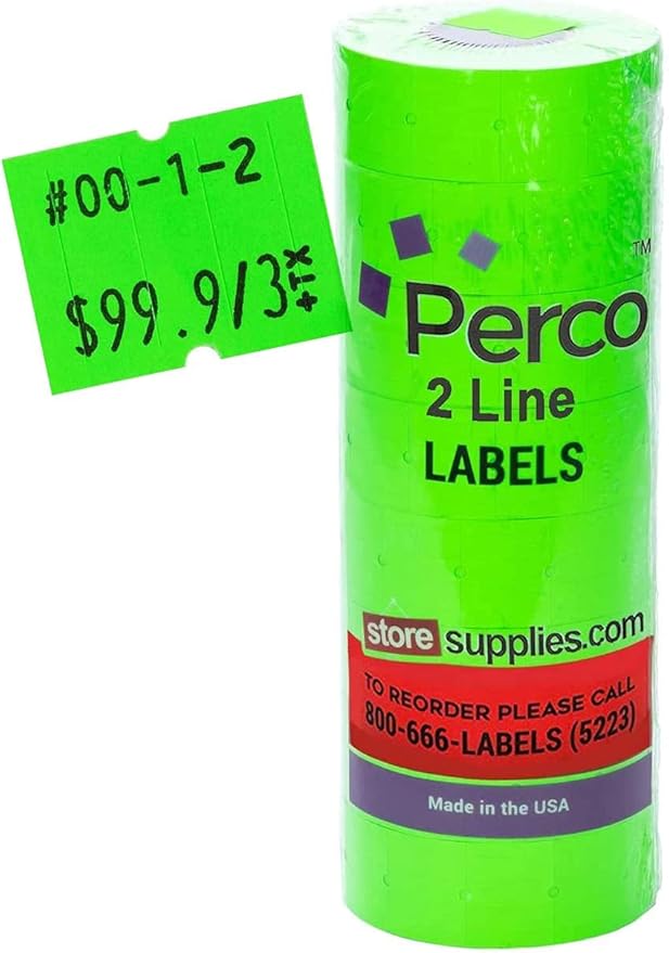 Perco 2 Line Fluorescent Green Labels - 8 Rolls, 1 Sleeve, 6,000 Blank Price and Date Gun Labels for Perco 2 Line Price and Date Guns - Made in USA