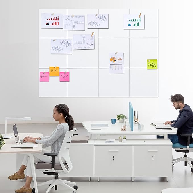 Cork Board for Walls 48" x 36" - White Bulletin Board - 12 Pack Felt Wall Tiles with Safe Removable Adhesive Tabs - Large Corkboard for Office & Home & School Decor - White