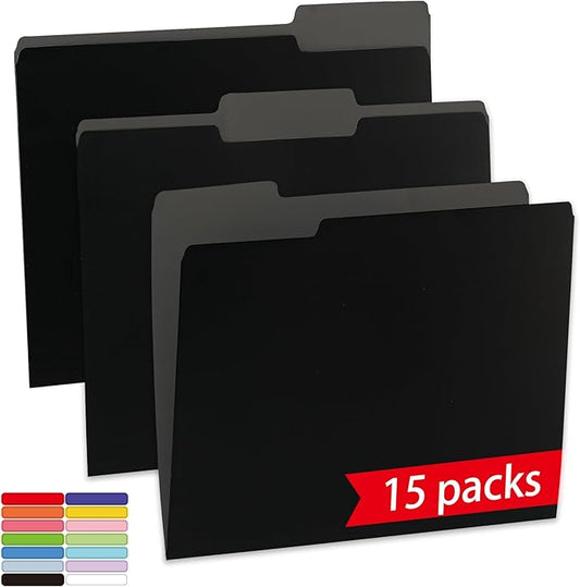 15 Packs Black File Folder,File Folders Letter Size,1/3-Cut Tabs,8.5x11 Inch File Folders for Office,School and Home,Organizer Documents