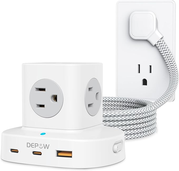 Power Strip Tower with USB-C, Small Surge Protector (1700J), 5 FT Extension Cord with 5 AC Outlet 3 USB Ports(2 USB C), Travel Charging Station with Overload Protection for Office, Dorm, Hotel