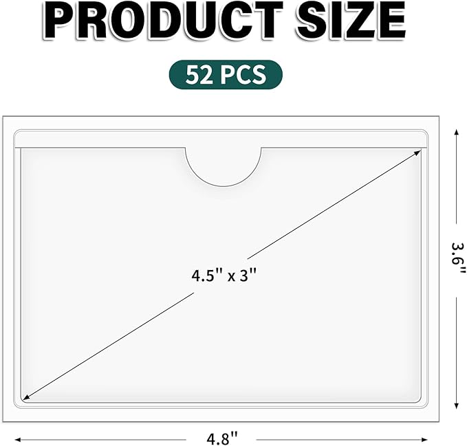 52 Pack Index Card Pockets with Top Open, 4.5 x 3 Inch Adhesive Label Pockets Clear Plastic Index Card Holder for Organizing, Storage Bins, Library Cards, Notes