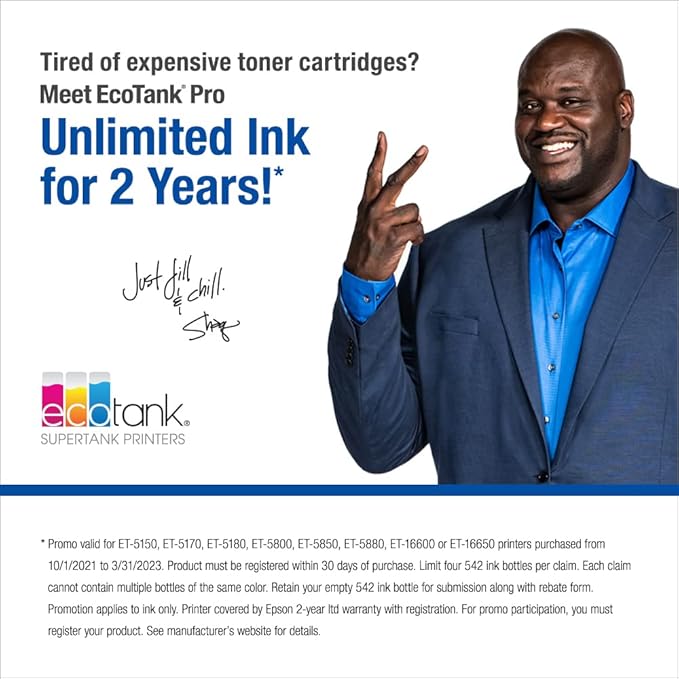 Epson EcoTank Pro ET-5850 Wireless Color All-in-One Supertank Printer with Scanner, Copier, Fax and Ethernet, White & EPSON T542 EcoTank Ink & EPSON T542 EcoTank Ink Ultra-high Capacity Bottle Black