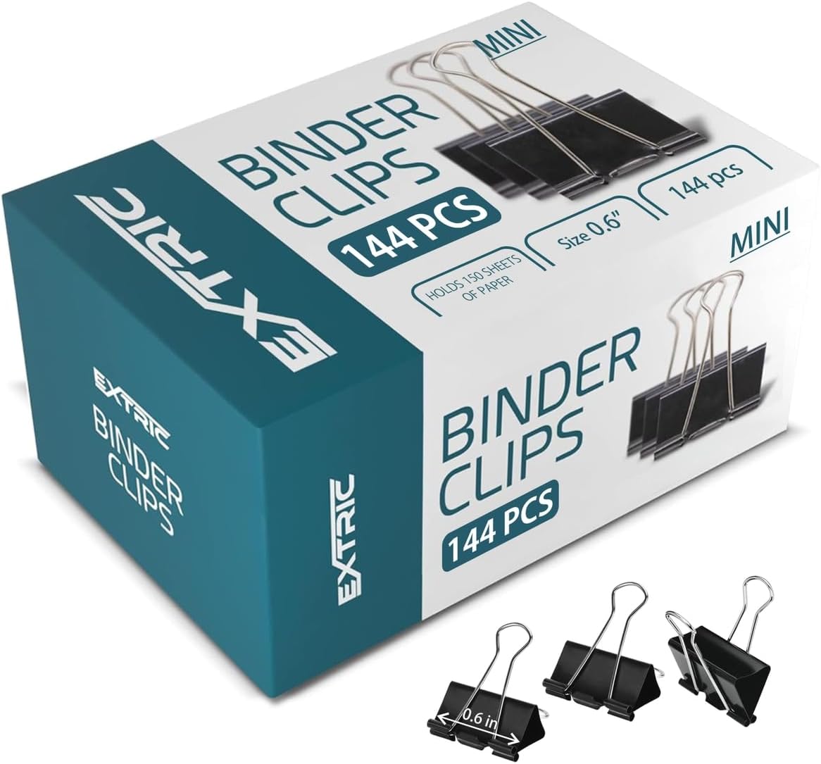 Binder Clips - 144 Mini Binder Clips, 0.6 Inch Black Paper Clamps, File Clip for Home, Office and School Supplies