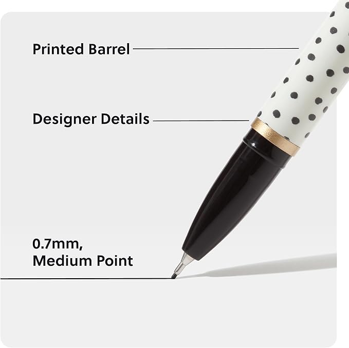 U Brands Catalina Felt Tip Pens, Set of 6, Classic Chic Stripes and Dots with Gold Details, Medium (0.7 mm) Point, Black Ink
