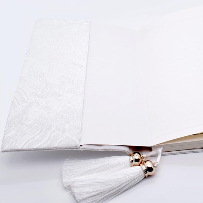 BLBMH Chinese Book Covers with Tassel Bookmark Book Cover Adjustable Book Sleeve Cover for A5 Books Embroidered Brocade Softcover Protector for Notebook Planner Bible - White