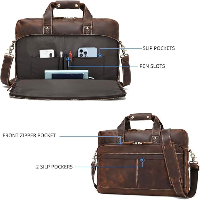 Full Grain 17.3" Leather Briefcase Messenger Laptop Bag For Men