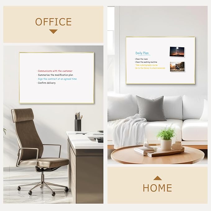 Magnetic Whiteboard, 36"x24" Gold Aluminum Frame Dry Erase White Board for Wall, Large Wipe Board with 6 Magnets, 4 Markers & 1 Eraser for Home and Office
